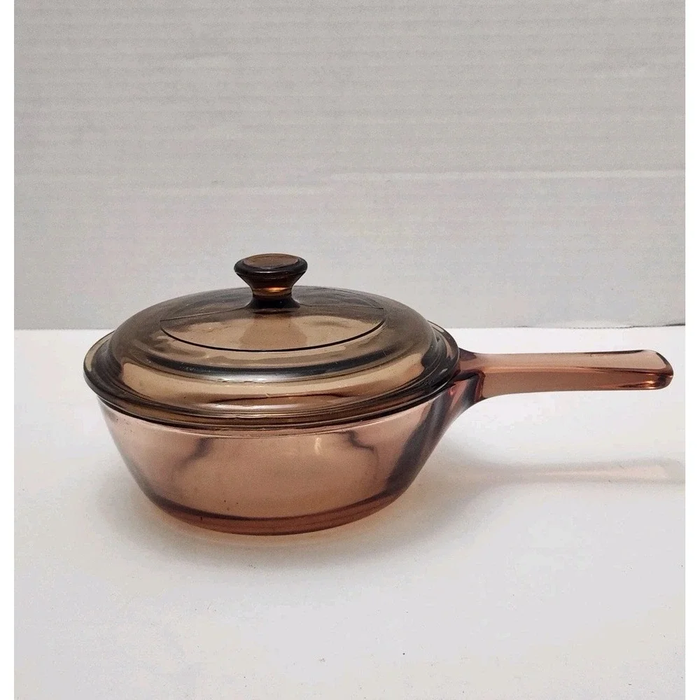 Corning Vision Ware Amber Pyrex Glass 0.5L Sauce Pan/Pot USA With Lid Used